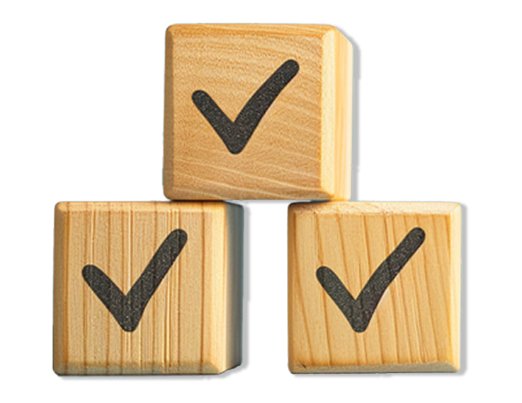 three wooden blocks with check marks on each
