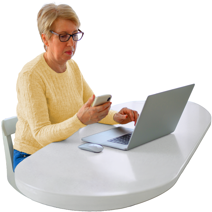 an older lady sitting at a desk with a laptop