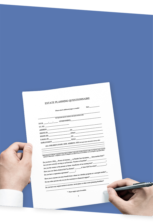 a pair of hands filling out an Estate Plan quistionaire